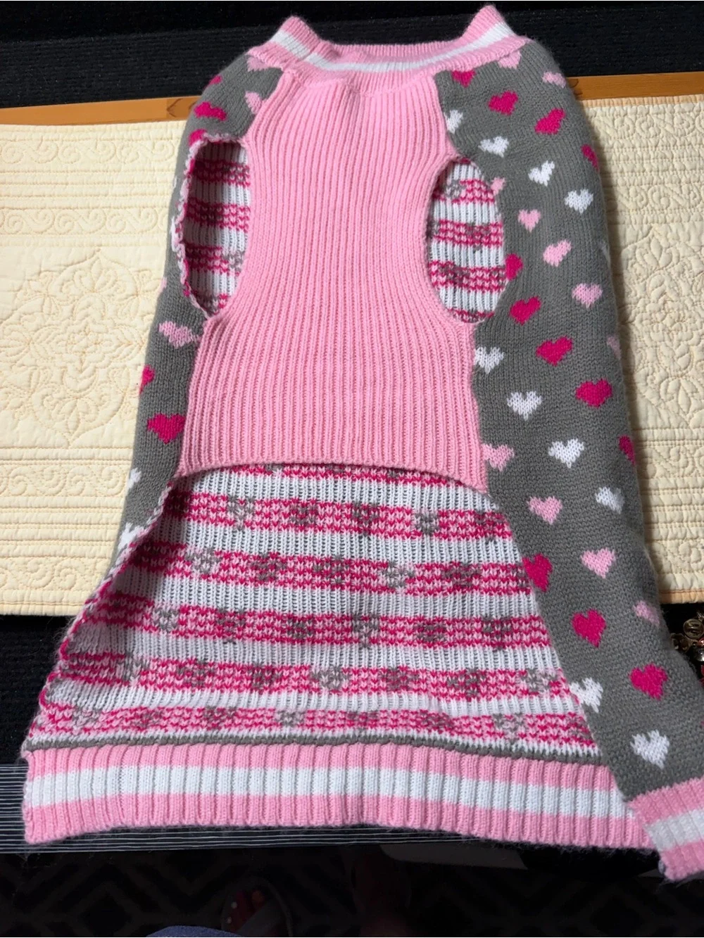 Gray Heart-Print dog Sweater with Pink & White Accents